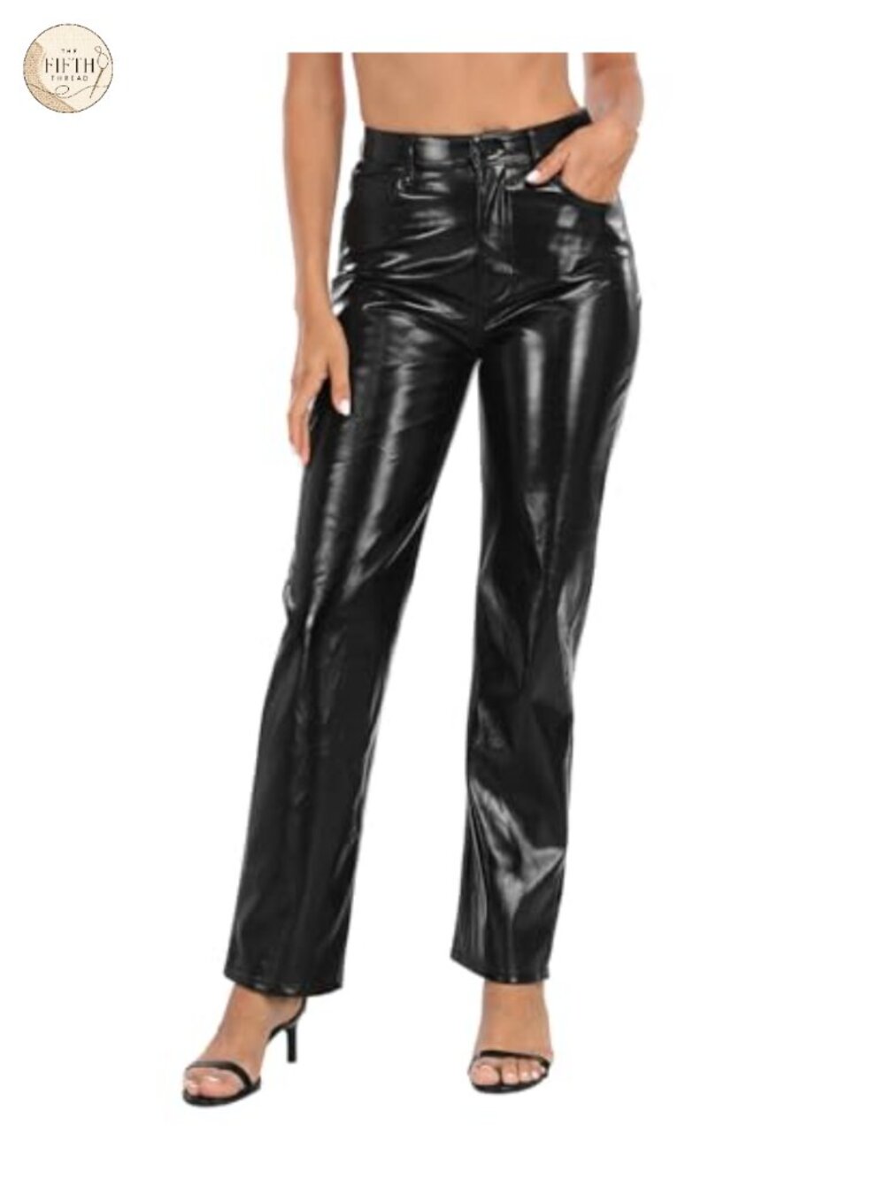 Faux Leather Metallic High Waisted Straight Leg Pants Pockets